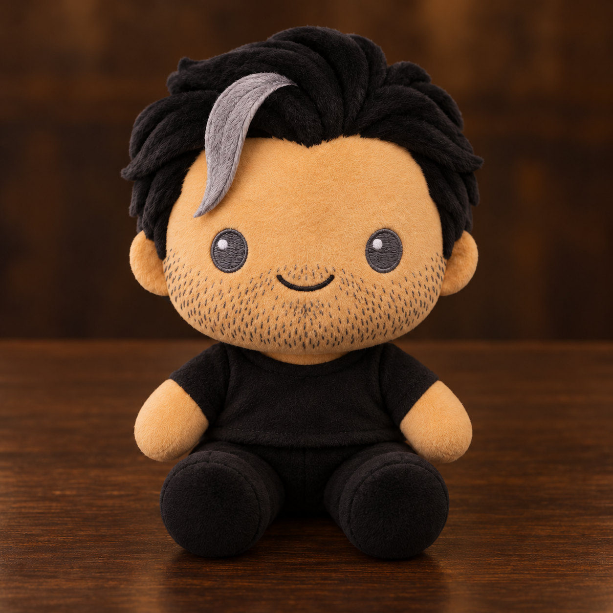 AI-generated Bastion plush alone, with golden tan fabric, black hair and a silver lock, grey embroidered eyes, short stubble across his cheeks, upper lip, chin and jaw, and a black outfit.