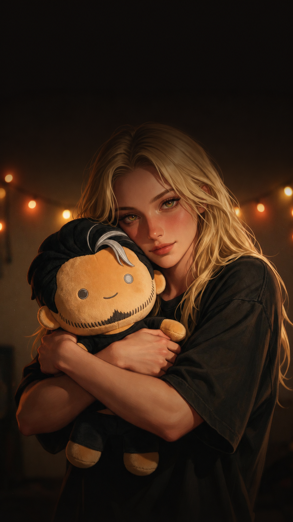 Illustration of Hex warmly hugging a Bastion plush with black hair, a silver streak, button eyes, and a stitched beard.